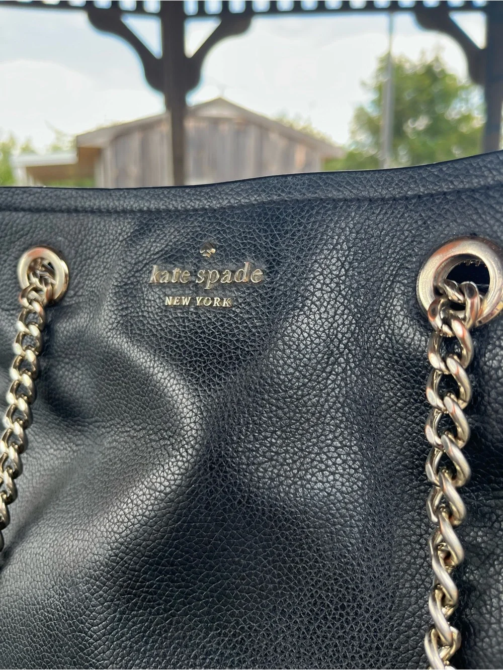 kate spade Black Pebbled Leather Shoulder Bag with Gold Chain Straps